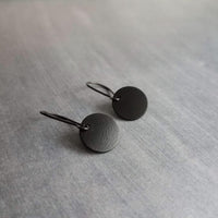 Matte Black Disk Earrings, black earring, small disk earring, black latching, all black earring, black circle earring black dangle earring - Constant Baubling