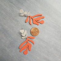 Burnt Orange Earrings, matte orange leaf earring, tropical leaf earring, monstera leaf, tropical earring, beach earring, large lightweight - Constant Baubling