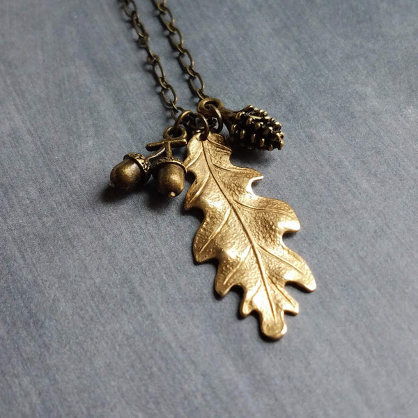 Fall Necklace, oak necklace, oak tree necklace, gold leaf pendant, pine cone charm, acorn charm, bronze chain, antique brass, autumn jewelry - Constant Baubling