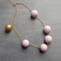 Pink Gold Bead Necklace, wood bead necklace, long gold chain, painted bead necklace, round wooden bead necklace, baby pink and matte gold - Constant Baubling