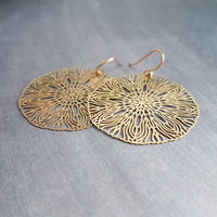 Large Gold Filigree Earrings, round gold earrings, thin earrings, cut out earrings, big earrings, floral earrings, big lightweight medallion - Constant Baubling