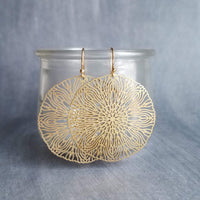 Large Gold Filigree Earrings, round gold earrings, thin earrings, cut out earrings, big earrings, floral earrings, big lightweight medallion - Constant Baubling