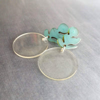 Chunky Acrylic Earrings, 80s style earring, clear plastic earring, vintage earring, clear round dangle, teal earring, large earring, leaf - Constant Baubling