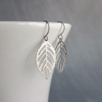 Silver Leaf Earrings, stainless steel earring, filigree leaf earring, steel leaf earring, steel filigree, hypoallergenic, small cut out leaf - Constant Baubling