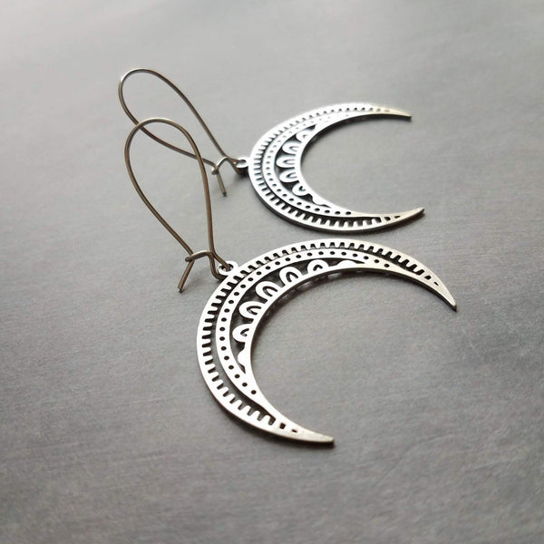 Stainless Steel Boho Earrings, silver crescent earring, silver boho earring, stainless steel crescent, large crescent, filigree moon earring - Constant Baubling
