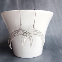 Stainless Steel Boho Earrings, silver crescent earring, silver boho earring, stainless steel crescent, large crescent, filigree moon earring - Constant Baubling