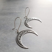 Stainless Steel Boho Earrings, silver crescent earring, silver boho earring, stainless steel crescent, large crescent, filigree moon earring - Constant Baubling