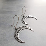 Stainless Steel Boho Earrings, silver crescent earring, silver boho earring, stainless steel crescent, large crescent, filigree moon earring - Constant Baubling