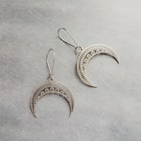 Stainless Steel Boho Earrings, silver crescent earring, silver boho earring, stainless steel crescent, large crescent, filigree moon earring - Constant Baubling