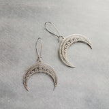 Stainless Steel Boho Earrings, silver crescent earring, silver boho earring, stainless steel crescent, large crescent, filigree moon earring - Constant Baubling