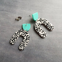 Black White Turquoise Earrings, chunky earrings, 80s earrings, pony print, black white dot earring, U shape earring, acrylic dangle, plastic - Constant Baubling