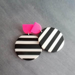 Black White Stripe Earrings, neon pink earrings, large 80s Earrings, chunky earring, retro earring, vintage style earring, round semicircle - Constant Baubling