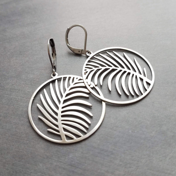 Palm Leaf Earrings, stainless steel earring, silver palm leaf, tropical earring, silver circle earring, lever back earring, hypoallergenic - Constant Baubling