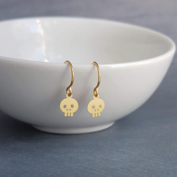 Small Skull Earrings - gold or silver little goth skeleton faces - tiny, delicate and simple minimalist bitty style on petite hooks - Constant Baubling