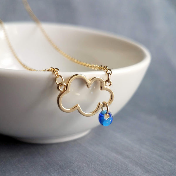 Rain Cloud Necklace, gold cloud necklace, cloud outline, cloud pendant, raindrop dangle, blue raindrops, rainy weather, storm rain necklace - Constant Baubling