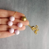 Pink Gold Bead Necklace, wood bead necklace, long gold chain, painted bead necklace, round wooden bead necklace, baby pink and matte gold - Constant Baubling