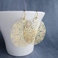 Large Gold Filigree Earrings, round gold earrings, thin earrings, cut out earrings, big earrings, floral earrings, big lightweight medallion - Constant Baubling