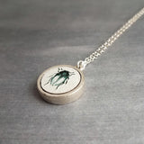 Silver Beetle Necklace, wood pendant, adjustable chain, blue black beetle, insect necklace, bug necklace, entomologist gift, round silver - Constant Baubling