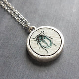 Silver Beetle Necklace, wood pendant, adjustable chain, blue black beetle, insect necklace, bug necklace, entomologist gift, round silver - Constant Baubling