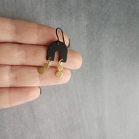 Gold Matte Black Earrings, black arch earring, semicircle shape, u-shape earring, black dangle earring, small dangles, brass drops, matt - Constant Baubling