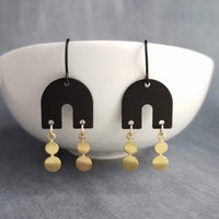 Gold Matte Black Earrings, black arch earring, semicircle shape, u-shape earring, black dangle earring, small dangles, brass drops, matt - Constant Baubling