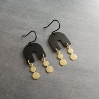 Gold Matte Black Earrings, black arch earring, semicircle shape, u-shape earring, black dangle earring, small dangles, brass drops, matt - Constant Baubling