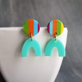 Stripe Dangle Earrings, 80s earring, aqua blue dangle, chunky earring, vintage 80s style, bright color earring, round colorful stripe arch u - Constant Baubling