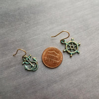 Boat Anchor Earring Set, wheel helm earring, boat earring, mismatched, nautical earring, patina earring, rustic bronze, blue green patina - Constant Baubling