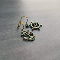 Boat Anchor Earring Set, wheel helm earring, boat earring, mismatched, nautical earring, patina earring, rustic bronze, blue green patina - Constant Baubling