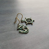 Boat Anchor Earring Set, wheel helm earring, boat earring, mismatched, nautical earring, patina earring, rustic bronze, blue green patina - Constant Baubling