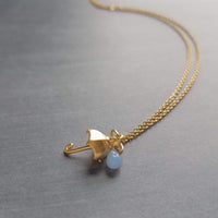 Rain Umbrella Necklace, matte gold umbrella, tiny umbrella, umbrella pendant, small umbrella, blue raindrop necklace, rainy day wet weather - Constant Baubling