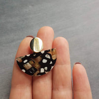 80s Tortoise Earrings, gold stud 80s earring, acrylic acetate earring, mottled, semicircle earring, half circle earring, thick chunky, oval - Constant Baubling
