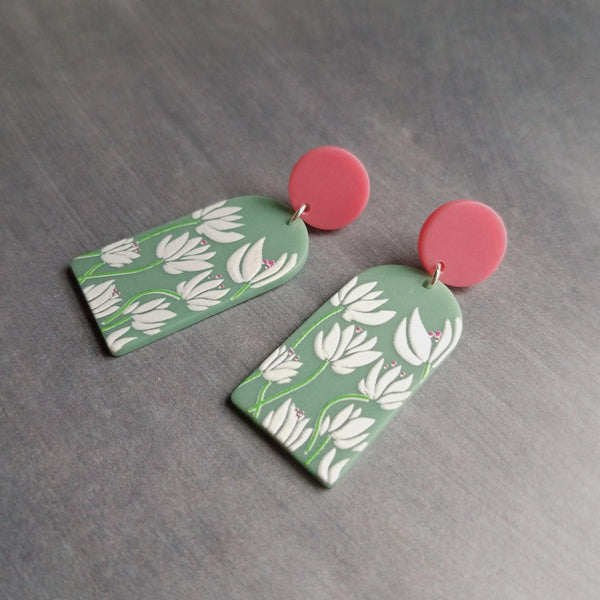 80s Earrings, thick acrylic earring, large floral earring, chunky plastic earring, 1980s style, matte green white, pink round stud, flowers - Constant Baubling