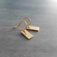 Gold Tag Earrings, small gold rectangle, rectangular tag, gold bar earring, 14K SOLID GOLD hook opt, small bar earring, flat gold bar dainty - Constant Baubling