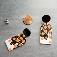 Orange Fruit Earrings, thick acrylic earring, large earring, chunky plastic earring, 80s earring, oranges earring, matte black leaves, tree - Constant Baubling