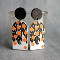 Orange Fruit Earrings, thick acrylic earring, large earring, chunky plastic earring, 80s earring, oranges earring, matte black leaves, tree - Constant Baubling
