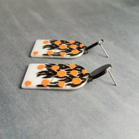 Orange Fruit Earrings, thick acrylic earring, large earring, chunky plastic earring, 80s earring, oranges earring, matte black leaves, tree - Constant Baubling