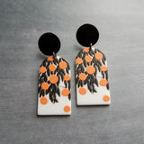 Orange Fruit Earrings, thick acrylic earring, large earring, chunky plastic earring, 80s earring, oranges earring, matte black leaves, tree - Constant Baubling