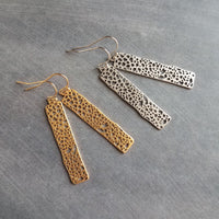 Gold Dangle Earrings, skeleton leaf earring, matte gold filigree earring, long thin rectangle earring, narrow cut out design small intricate - Constant Baubling