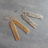 Gold Dangle Earrings, skeleton leaf earring, matte gold filigree earring, long thin rectangle earring, narrow cut out design small intricate - Constant Baubling