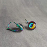 Peacock Feather Earrings, rainbow peacock, lever back earring, stainless steel, locking, bright color, colorful 1 inch earring, snap close - Constant Baubling