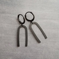 Matte Black Arch Earrings, U shape earring, black earring, lever back earring, black huggie hoop, black rainbow dangle, simple black earring - Constant Baubling