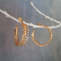 Gold Fern Hoop Earrings, branch hoop earrings, fern earrings, 1 inch hoop, tiny leaves hoop, gold hoops, leafy hoop earrings, plant earrings - Constant Baubling