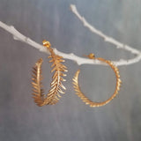 Gold Fern Hoop Earrings, branch hoop earrings, fern earrings, 1 inch hoop, tiny leaves hoop, gold hoops, leafy hoop earrings, plant earrings - Constant Baubling