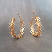 Gold Fern Hoop Earrings, branch hoop earrings, fern earrings, 1 inch hoop, tiny leaves hoop, gold hoops, leafy hoop earrings, plant earrings - Constant Baubling