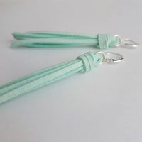 Mint Tassel Earrings, faux suede tassel, vegan leather tassel, long tassel, silver huggie hoop, mint blue, aqua blue round lever back, boho - Constant Baubling