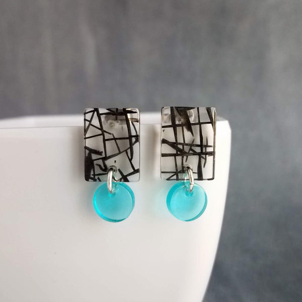 Black Turquoise Abstract Earrings, small 80s earring, 80s style, thick acrylic earring, chunky plastic, aqua blue dangle, clear translucent - Constant Baubling