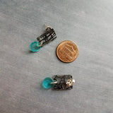 Black Turquoise Abstract Earrings, small 80s earring, 80s style, thick acrylic earring, chunky plastic, aqua blue dangle, clear translucent - Constant Baubling