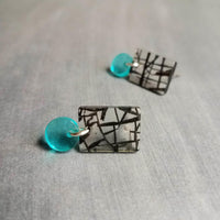 Black Turquoise Abstract Earrings, small 80s earring, 80s style, thick acrylic earring, chunky plastic, aqua blue dangle, clear translucent - Constant Baubling