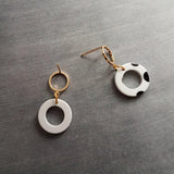 Polka Dot Earrings, black white dots, gold circle earring, acrylic earring, gold circle stud, 80s earring, chunky open circle gold ring stud - Constant Baubling